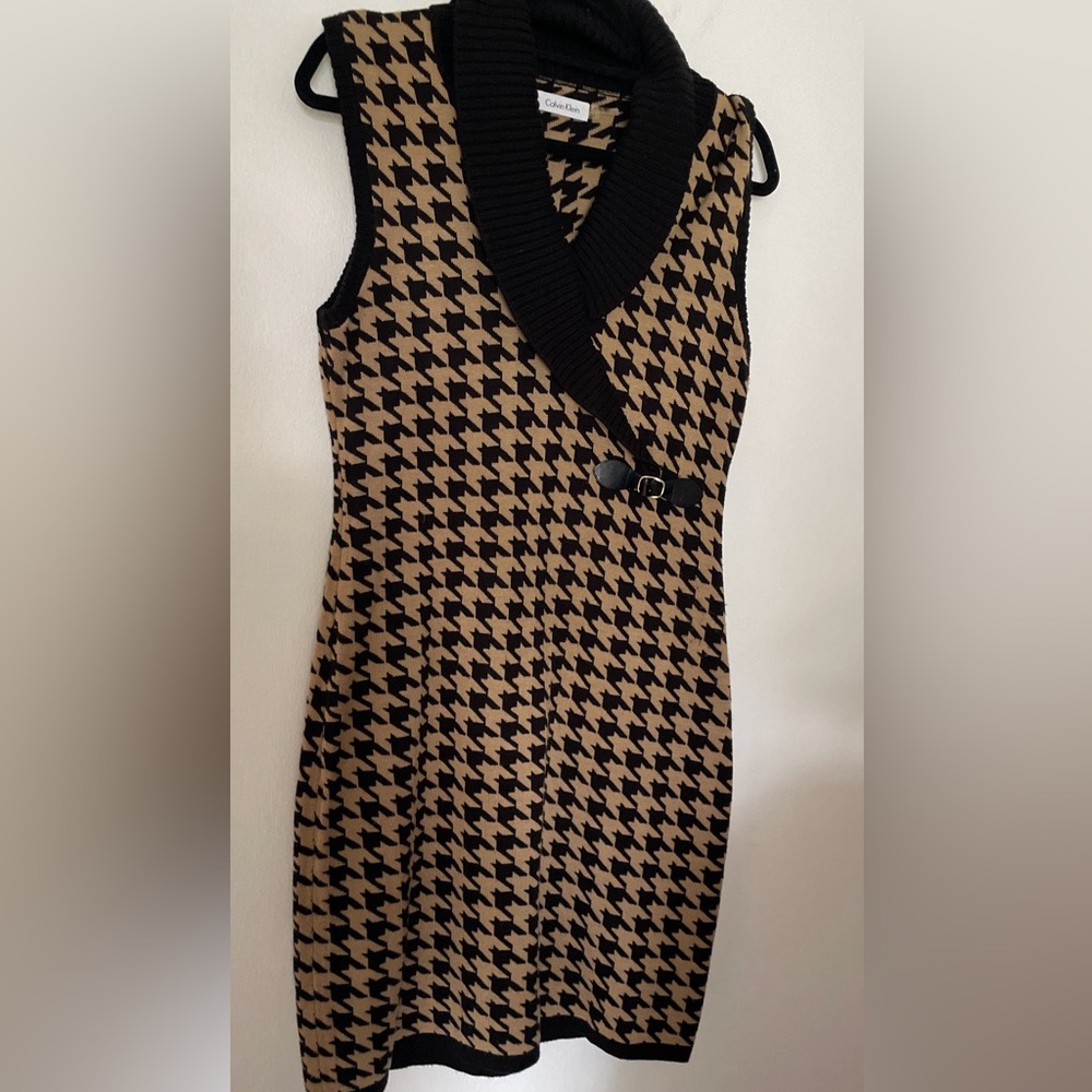 Calvin Klein Black and Brown Houndstooth Midi Sweater Dress